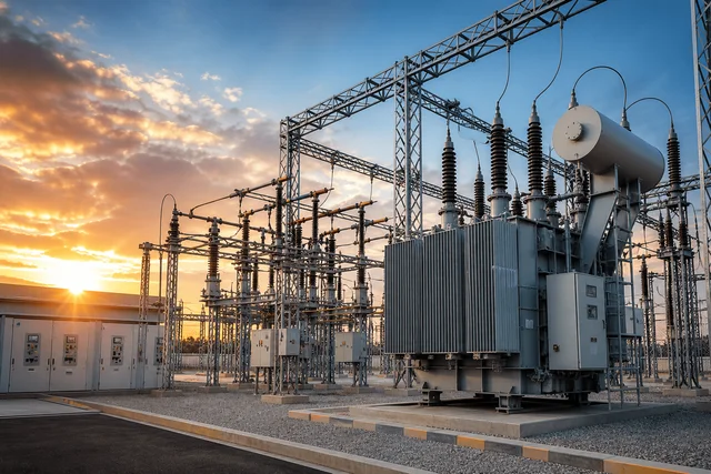 Gün batımında elektrik trafosu ve şalt sahası